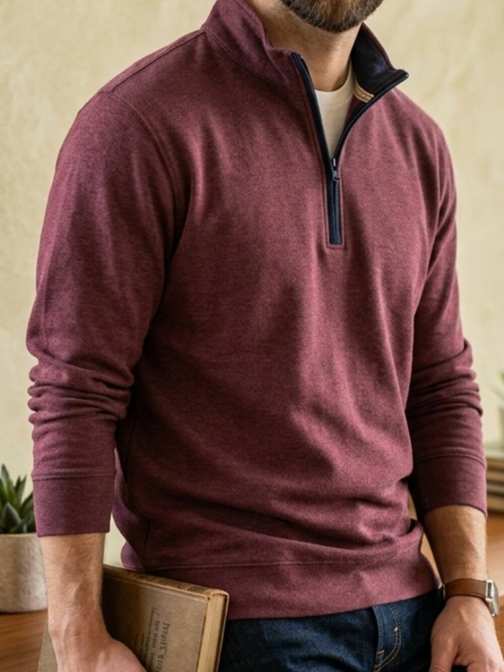 The Normal Brand Cotton Blend Quarter Zip Pullover Sweatshirt‎ XXL Maroon